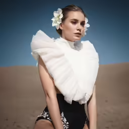 a woman in bathing suit and a flower in her hair is kneeling down