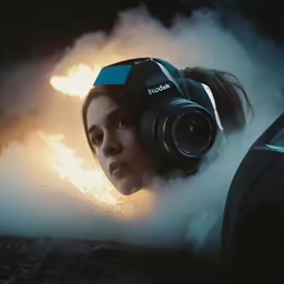 woman lying in smoke holding up a camera