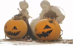 there are two carved pumpkins that are on the floor