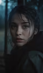 a young woman in the rain staring away