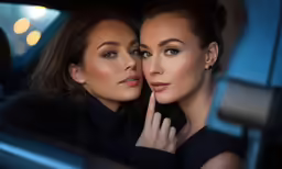 a couple of women sitting in a car