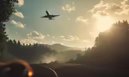 the airplane is flying over the landscape by the road