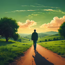 a man walking down the middle of a green field,man walking down a pathway through a field with trees