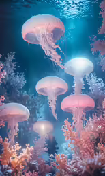 a couple of jellyfish swimming through a large aquarium