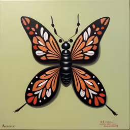 an orange and black butterfly is displayed in a green square frame,a butterfly that is sitting on top of a wall