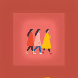 three women are walking down a pink and orange square