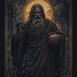 the elder with a long beard and cape holds a staff