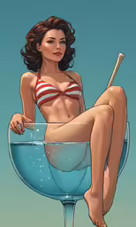 a woman in a bikini is sitting on a martini
