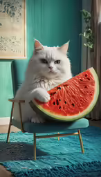 a white cat with blue eyes sitting on a chair holding a watermelon slice