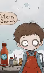 a cartoon of a young man standing in front of a kitchen
