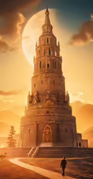 a man walking up a road past a tall tower