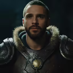 a close up shot of a man with a goatee and helmet on, wearing heavy armor