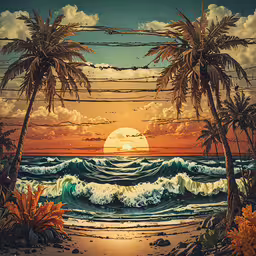 a painting with a tropical scene at sunset,a painting of some kind of sunrise with two palm trees