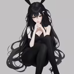 an anime woman with black hair and long, shiny legs