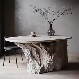 the round table is sitting in a room with a planter