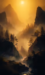 a painting of trees that are in the water