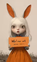 a very creepy girl wearing an orange dress holding a sign