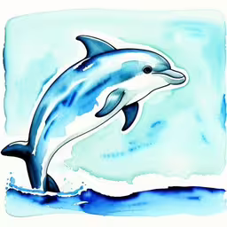 two dolphins swim in the water together,this is a watercolor drawing of a dolphin jumping out of the water
