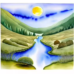 a painting of a river in the middle of a field,a painting depicting a river running through a mountainous valley