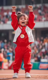 a small child celebrating on a baseball field