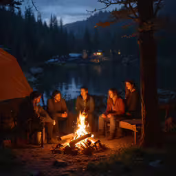 a group of friends sitting around a fire in a camping area,people sitting around a campfire with tents on the other side