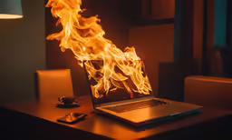 fire in a laptop computer sitting on a desk