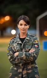 a woman in a camouflage jacket