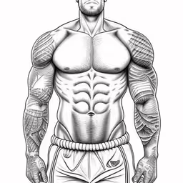 a man is standing with his arms crossed and tattoos on his body,a drawing of a muscular man in shorts,an image of a man with a big chest,an illustration of a man with tattoos on his torso,a man with tattoos on his arms