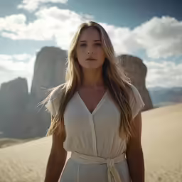 a beautiful blond woman standing in the desert