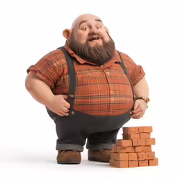 a cartoon figure with a beard, carrying a cube of bricks