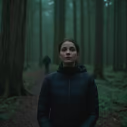 a woman is standing in the woods in front of a man