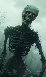 a skeleton with glowing eyes stands in a forest