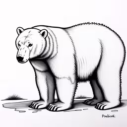 an illustration of a white bear standing in the dirt,a bear standing and looking at the camera,a polar bear standing upright in the woods,drawing of polar bear walking away in snow,a drawing of a polar bear is shown
