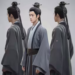 a man with a headpiece in a line of other men,a man wearing a kimono standing in front of another person