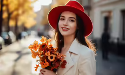 a woman in a red hat holding a bunch of flowers