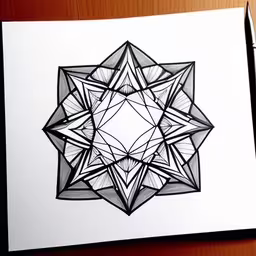 a drawing of a flower with two different points,a black and white drawing of a kaleia motif,a pen drawing of a star, a symbol of geometric design,a pen drawing a black and white geometric pattern,a drawing of a geometrical pattern with black marker markers
