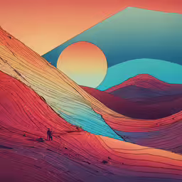a painting of mountains with a sunset in the background,two people are standing on top of some hills