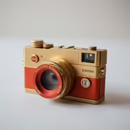 old camera with gold trim displayed against white background