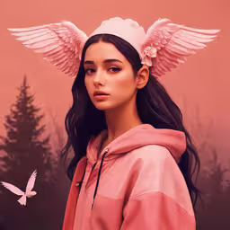 a woman wearing pink jacket and angel wings,a young woman with large wings is posed in front of a pink background