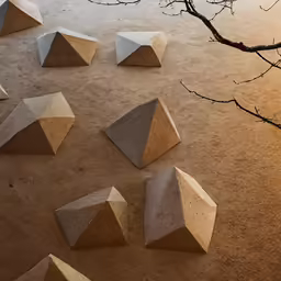 several different shapes of concrete on the ground near a tree