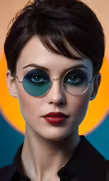 a young lady wearing round glasses with red lips