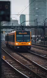 a passenger train on a railroad track with lots of buildings