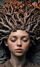 a woman is wearing trees for her head