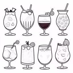 a variety of drinks in a line art style,a collection of different drinks in various glasses