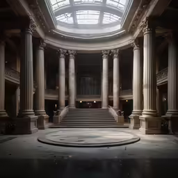 the sun shines through the large glass ceiling above some columns