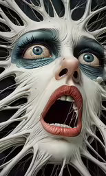 the face of a person with white hair and blue eyes