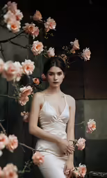 a woman is standing in front of roses wearing a wedding dress