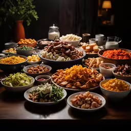 many plates with different types of food