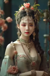 a model with elaborate make up and flowers in her hair,there is a beautiful asian woman in a green dress