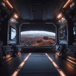 an inside view of an alien like building with mountains